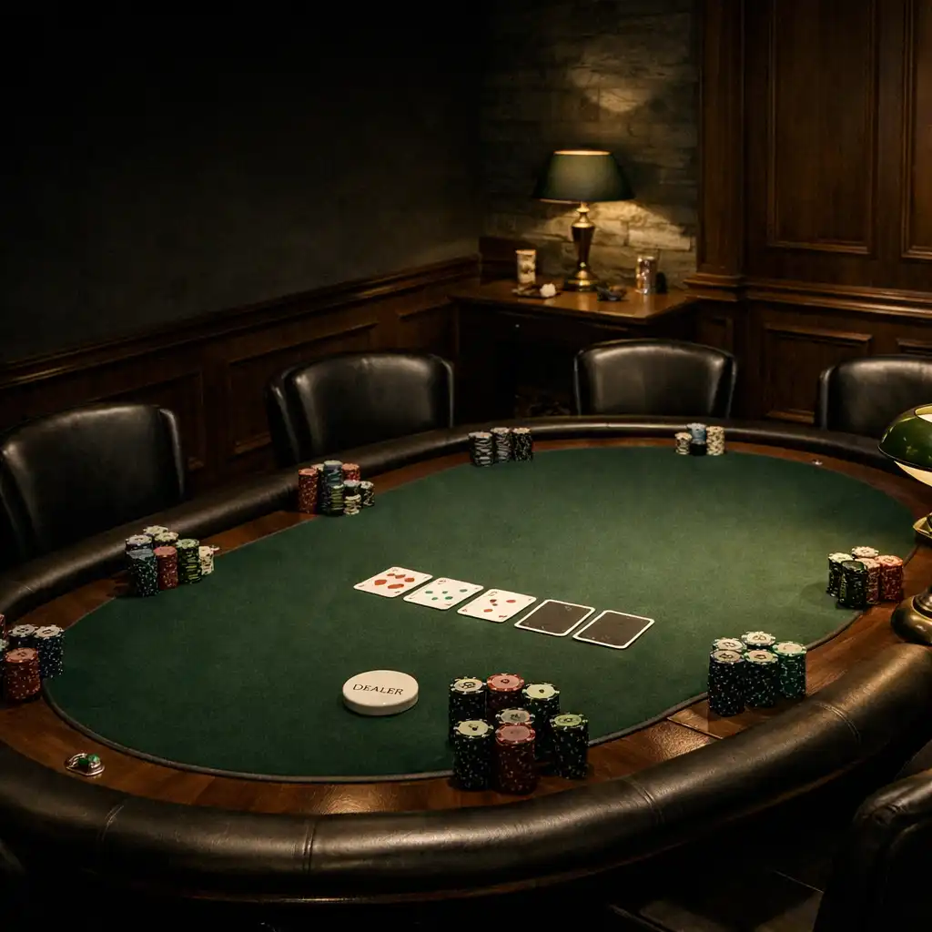 A green-felt poker table with cards, chips, leather chairs and a dealer position in the Slate and Sovereign card room.