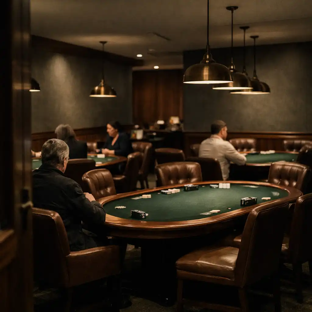 Physical poker tables and leather chairs in the Slate and Sovereign card room