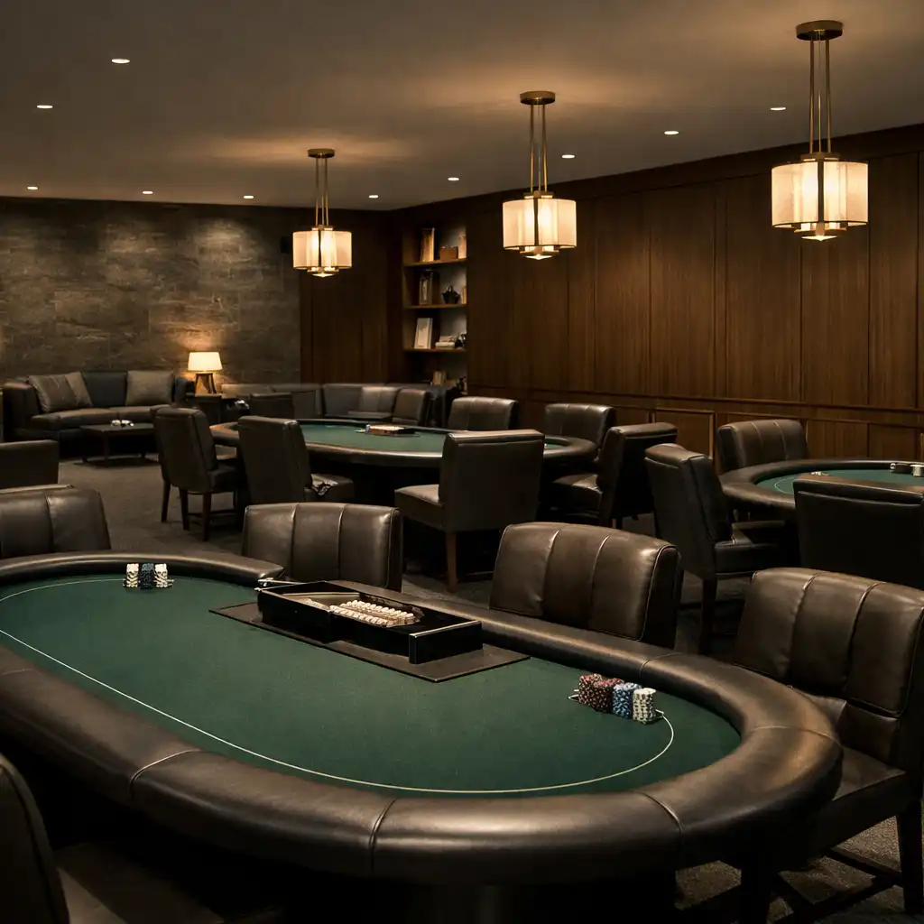 A refined card-room interior with poker tables, leather seating and a lounge area.