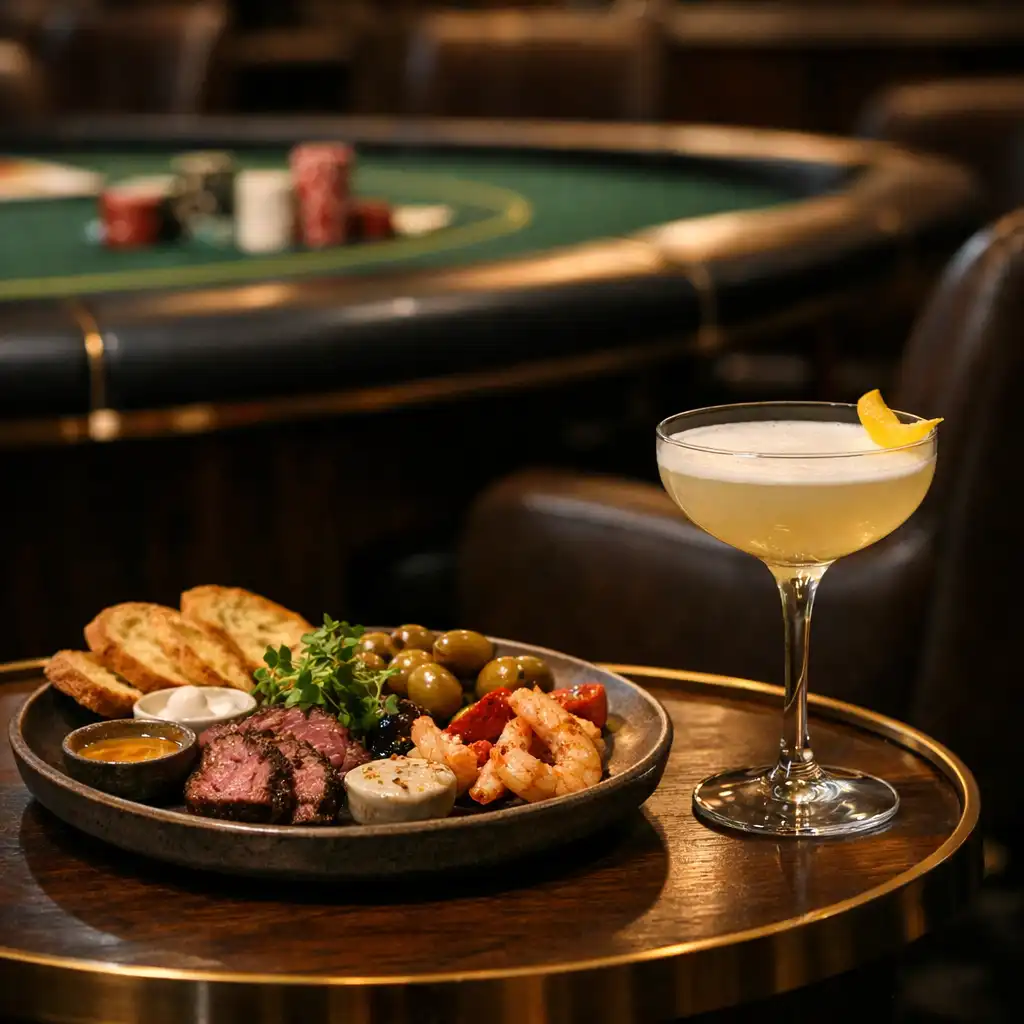 A shared plate and cocktail on a walnut table with a softly blurred poker table beyond.