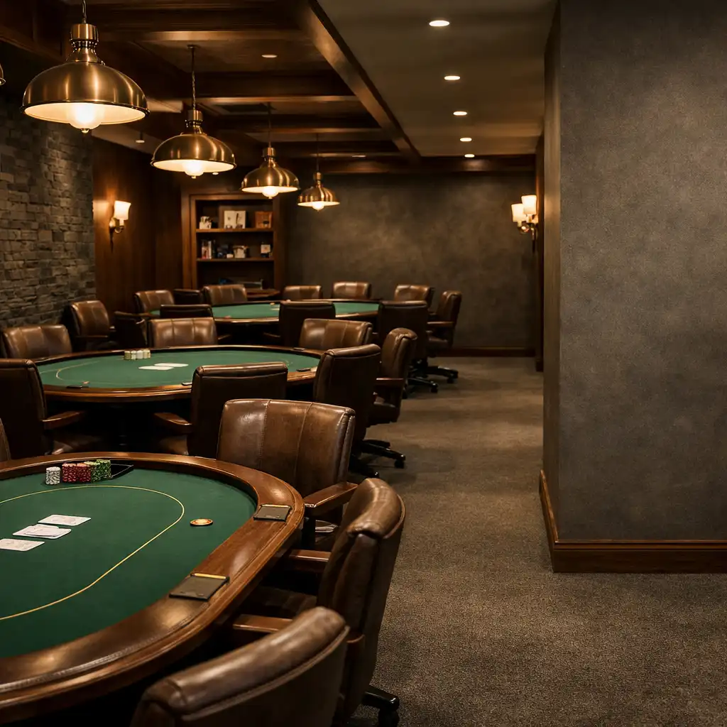 An elegant card room with real poker tables, leather chairs and an open aisle
