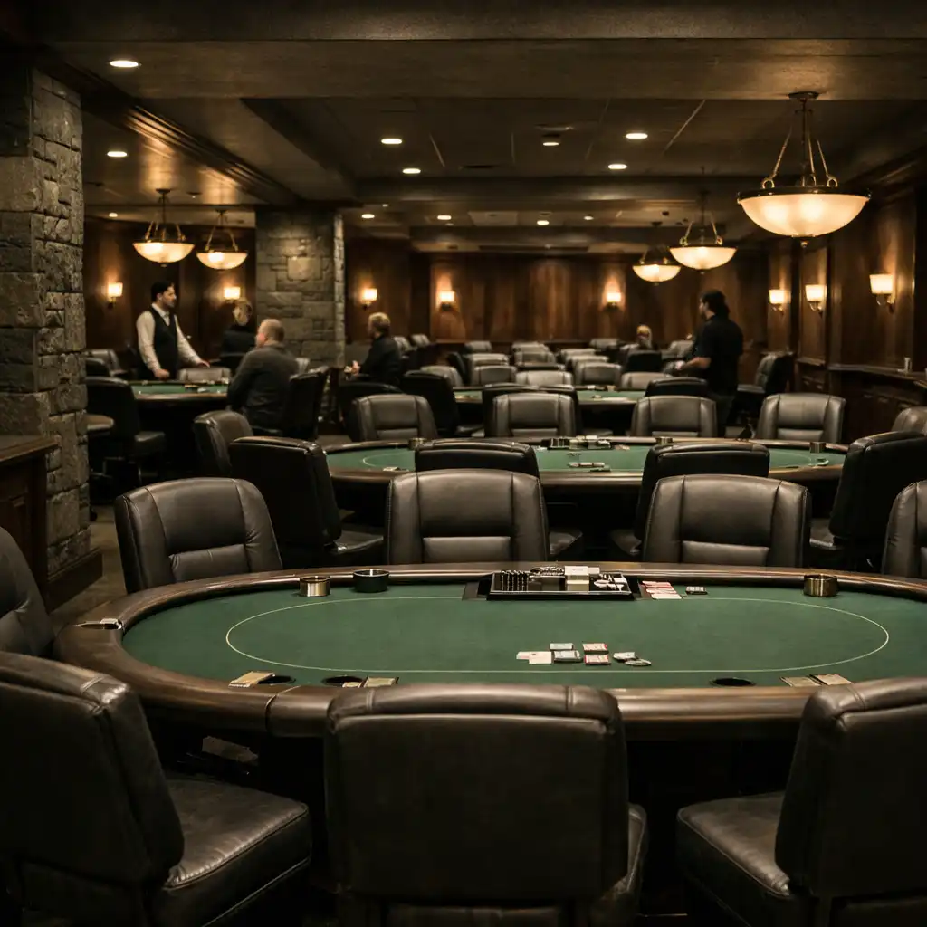 A prepared card room with green felt poker tables and leather chairs