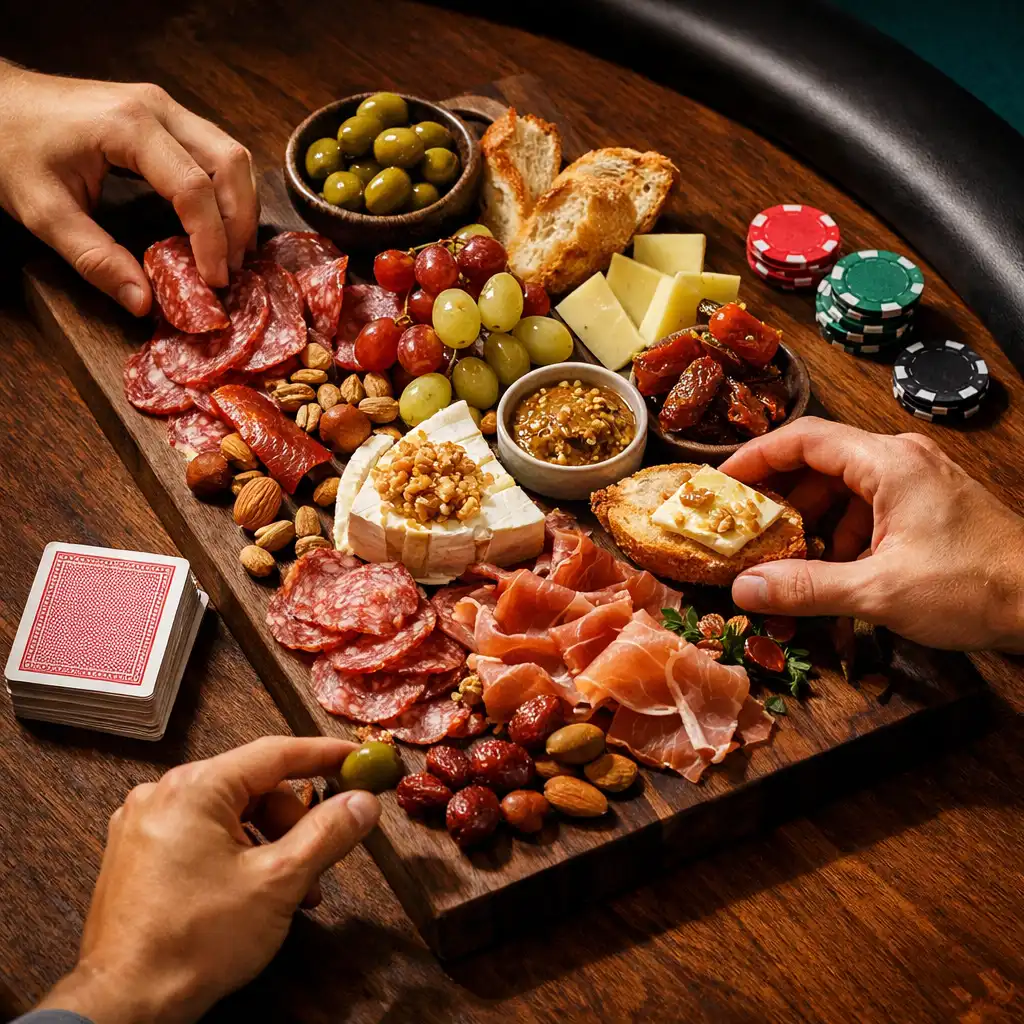 A sharing board on walnut beside cards and poker chips in a physical social setting.