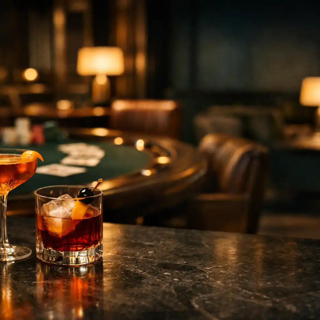 Two cocktails on a dark stone bar with leather seating and a softly focused physical poker table behind.