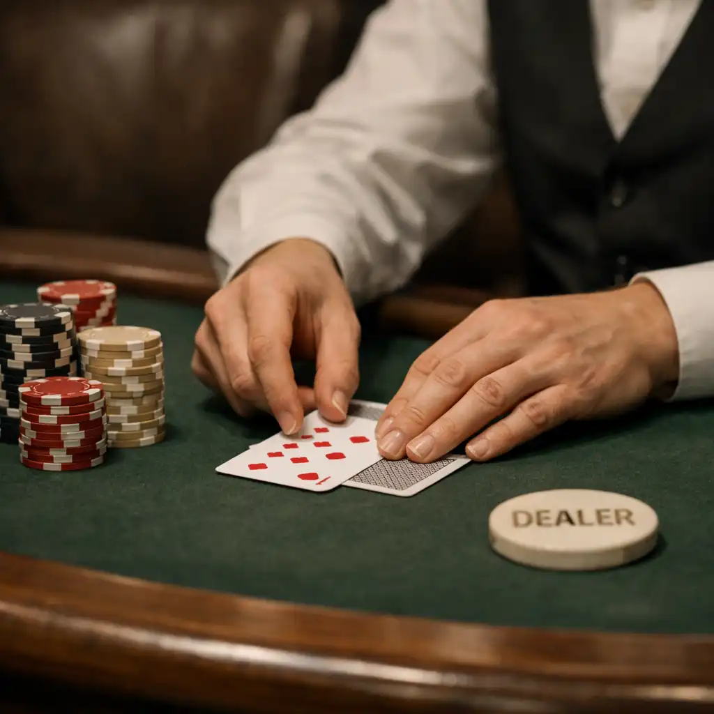 Dealer hands placing cards beside poker chips on a green felt table