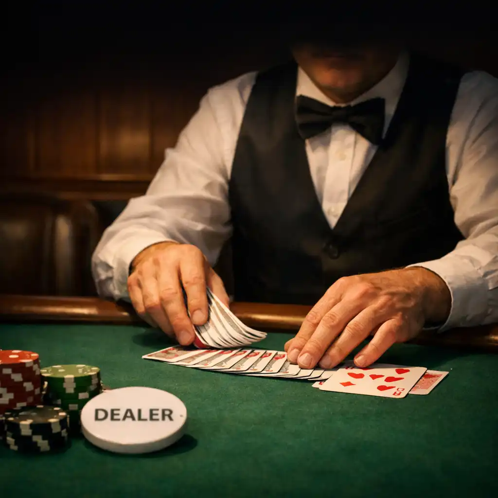 Dealer hands arranging cards beside a dealer button and chips on green felt