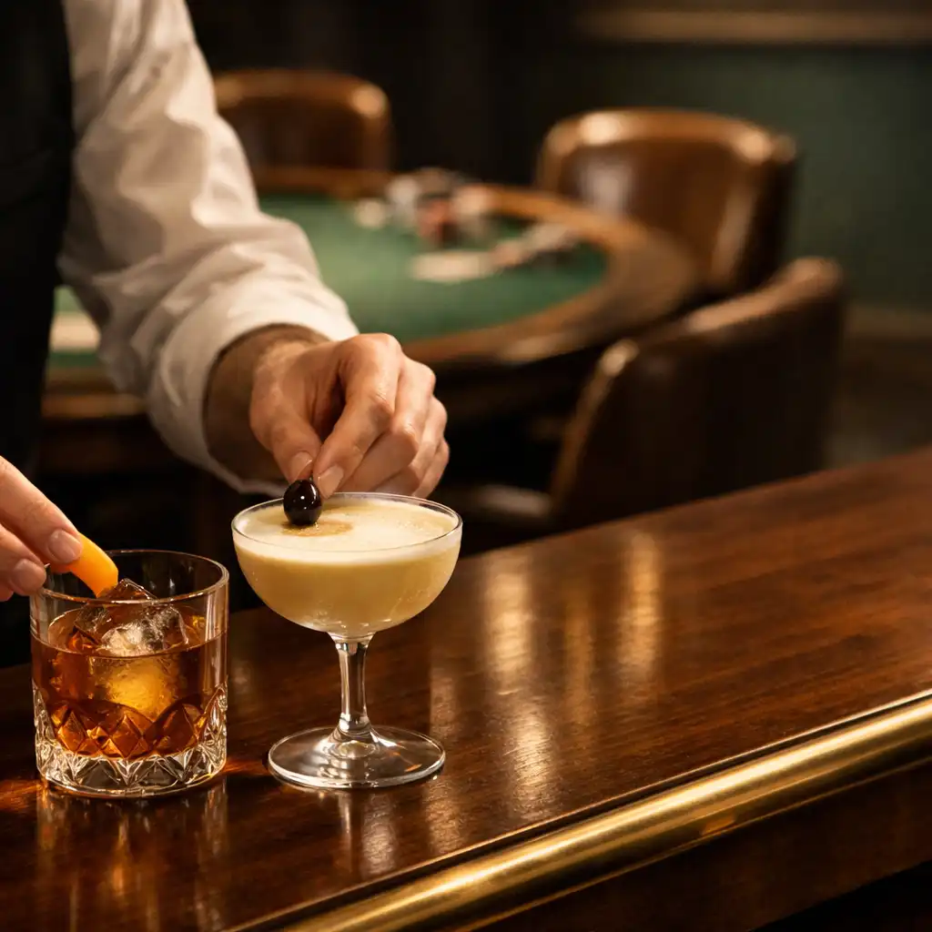 Bartender finishing cocktails at a walnut bar with a physical green-felt poker table softly visible behind