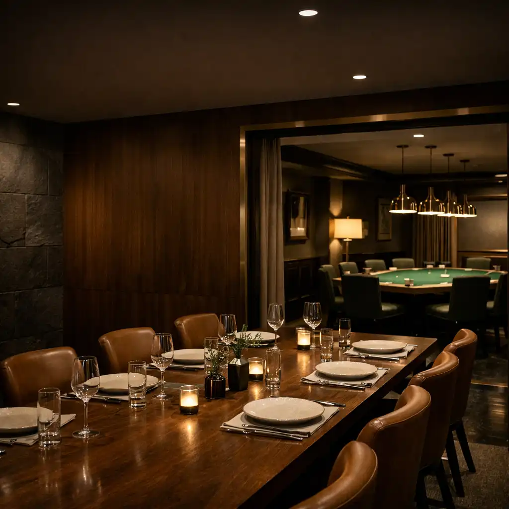 Walnut dining table and leather chairs in the restaurant with physical poker tables visible beyond