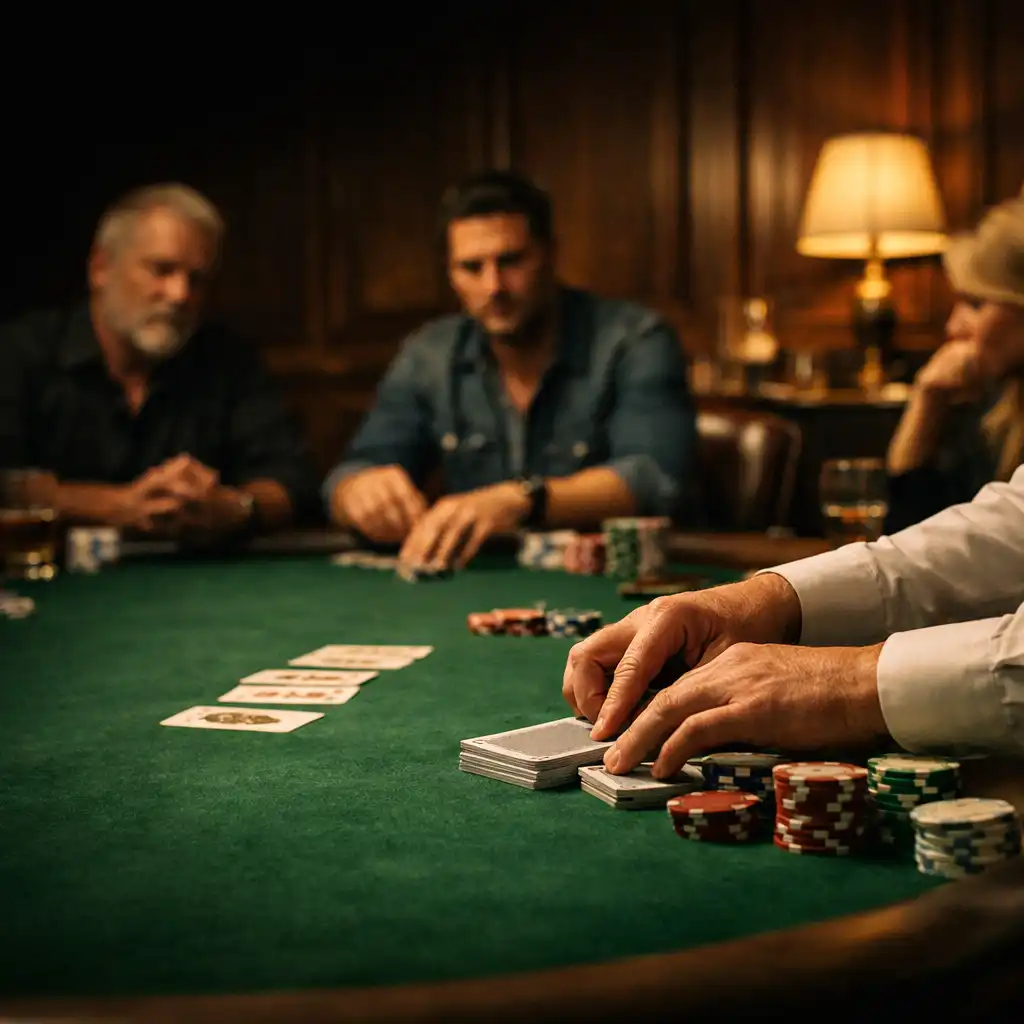 Dealer hands arranging cards and poker chips at a green-felt table in the Slate and Sovereign card room