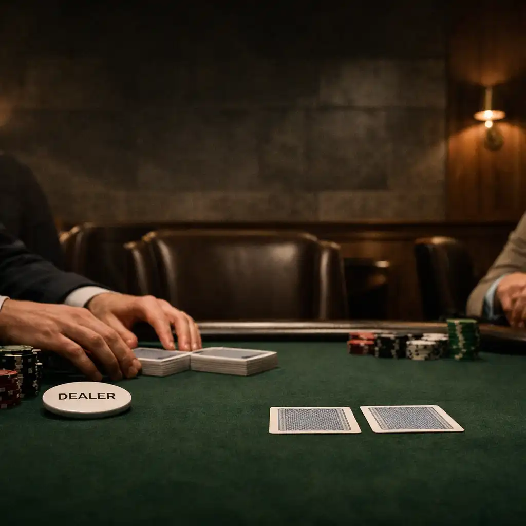 Dealer hands, cards and chips on a deep green physical poker table