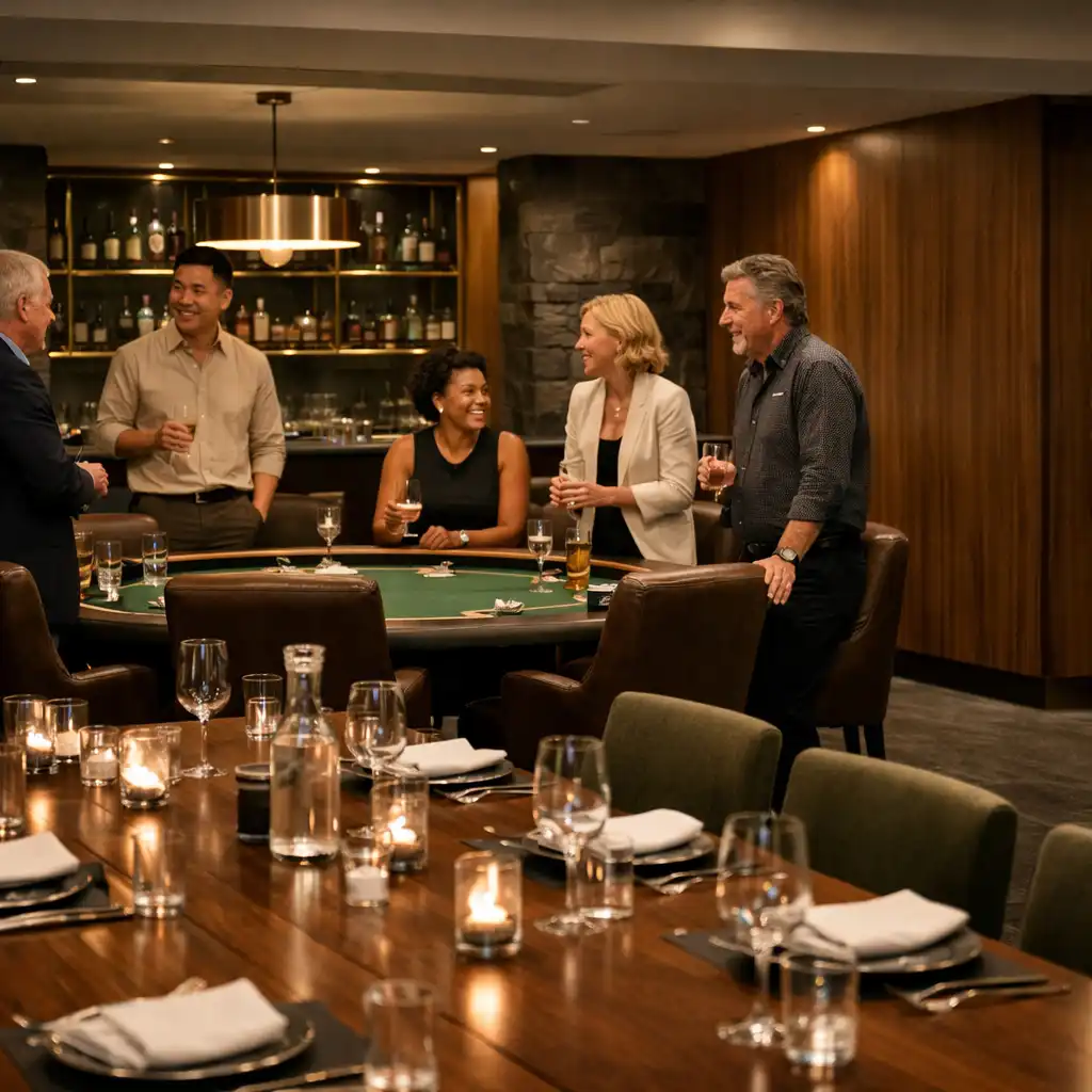 A long dining table set in a sophisticated venue with a physical poker table visible in the room beyond