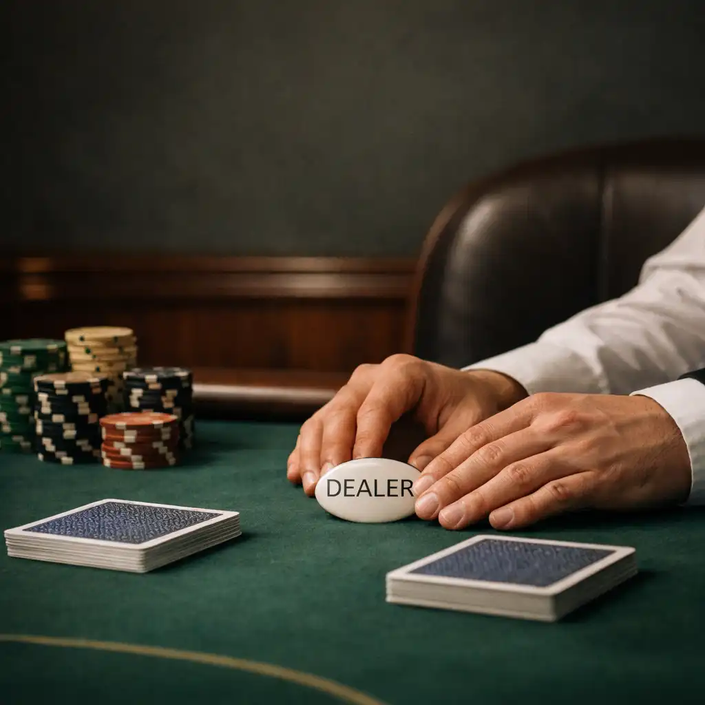 Close view of dealer hands, playing cards and poker chips on a green-felt Texas Hold’em table