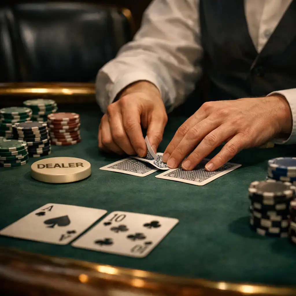Dealer hands arranging physical cards beside chips and a dealer button on green felt.