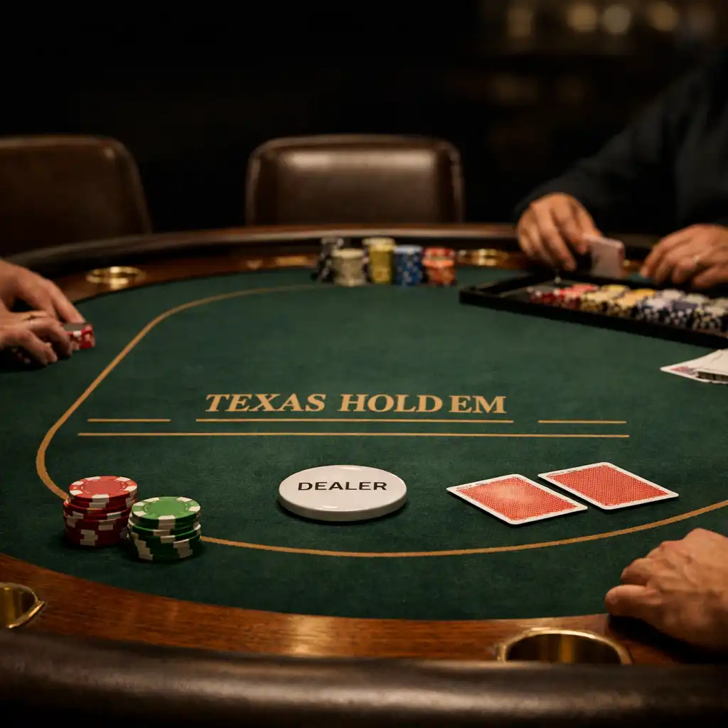 A physical Texas Hold’em table with cards, chips, leather chairs and players’ hands