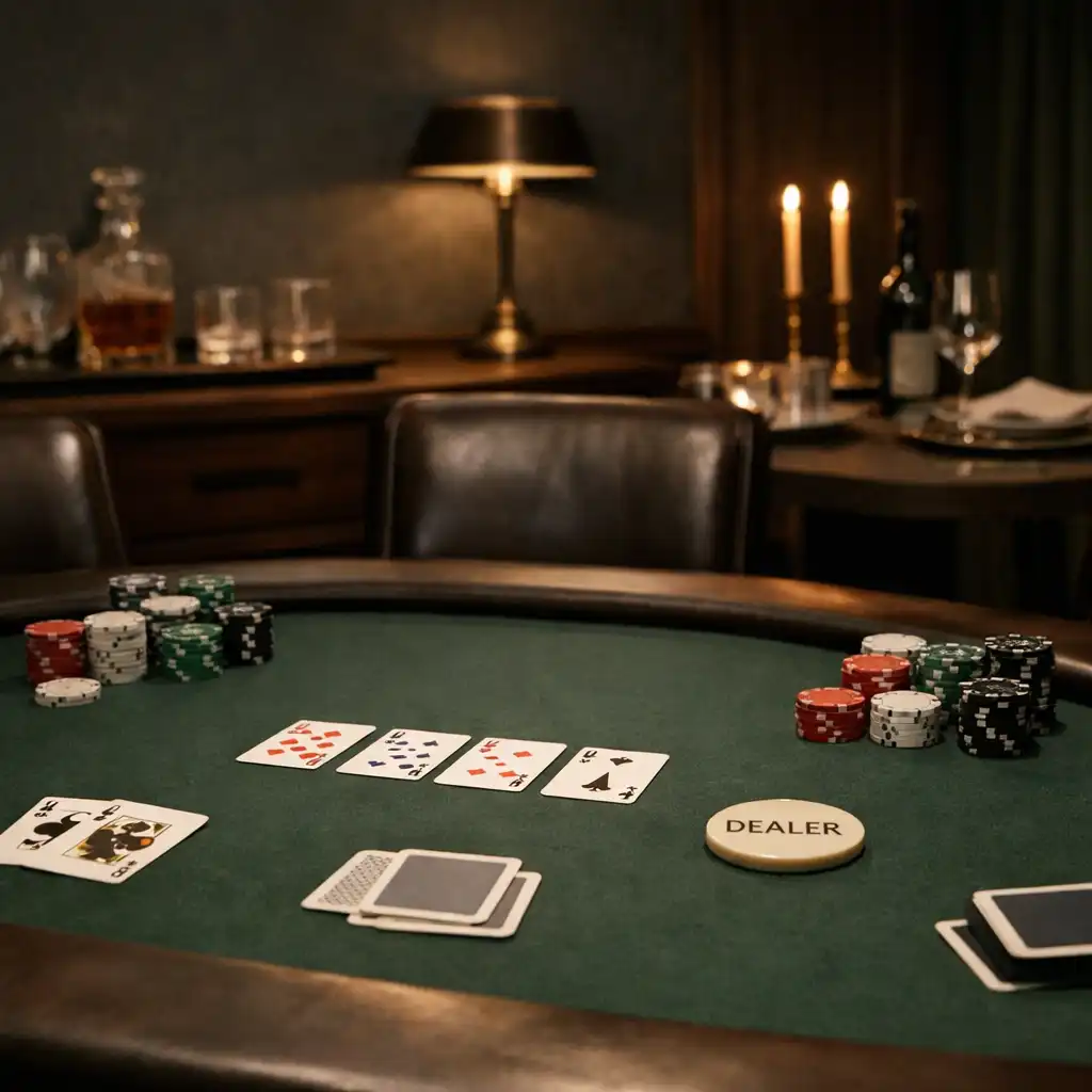 A discreet private poker table with cards, chips, leather chairs and subtle glassware