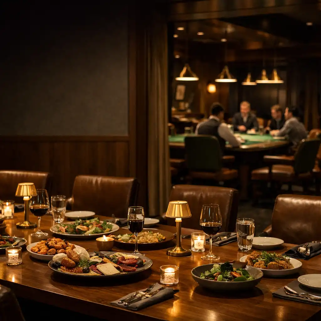 Long walnut dining table with sharing plates and glassware, with real green-felt poker tables and leather chairs beyond.