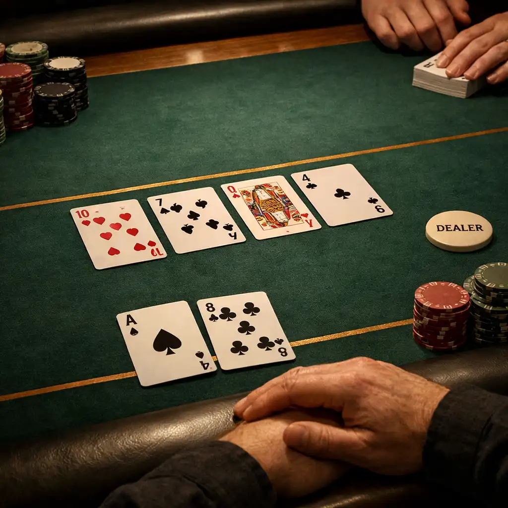 Cards, chips, hands and a padded rail at a physical Texas Hold’em table