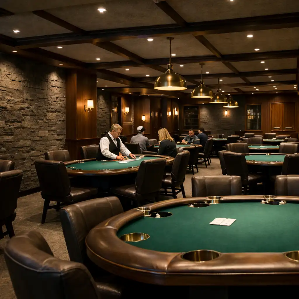Dedicated physical card room with real poker tables, leather chairs, bottle-green felt and restrained brass lighting