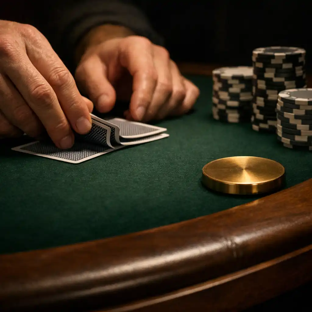 Hands arranging physical cards and poker chips on bottle-green felt beside a walnut poker table rail