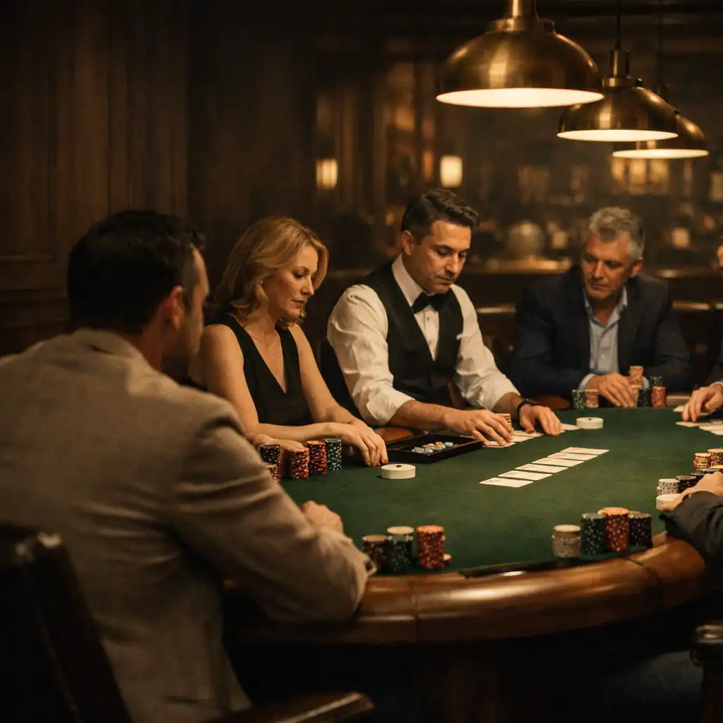 Adult players seated around a real Texas Hold’em poker table with a dealer position, physical cards and chips