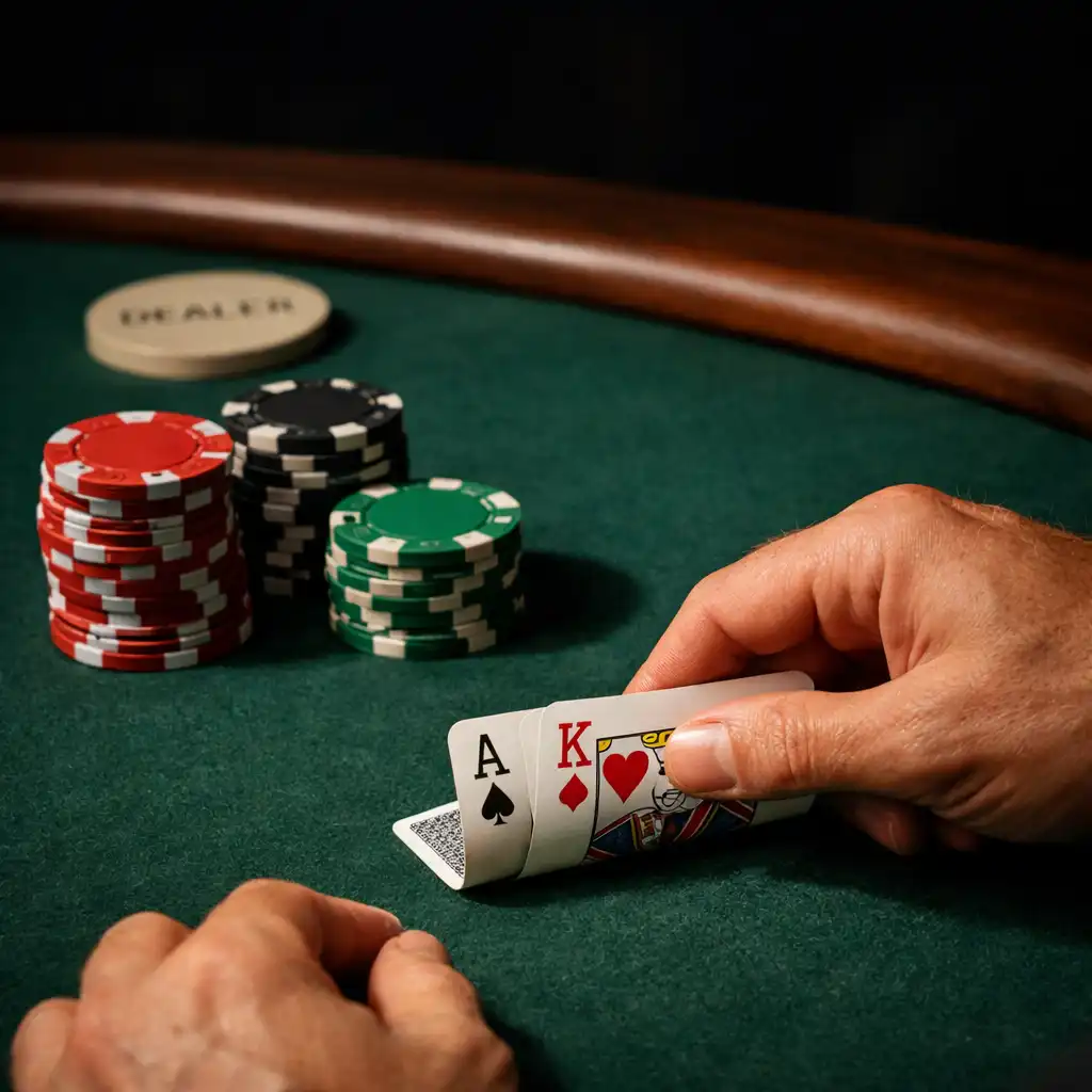 Hands arranging playing cards beside poker chips on deep green felt