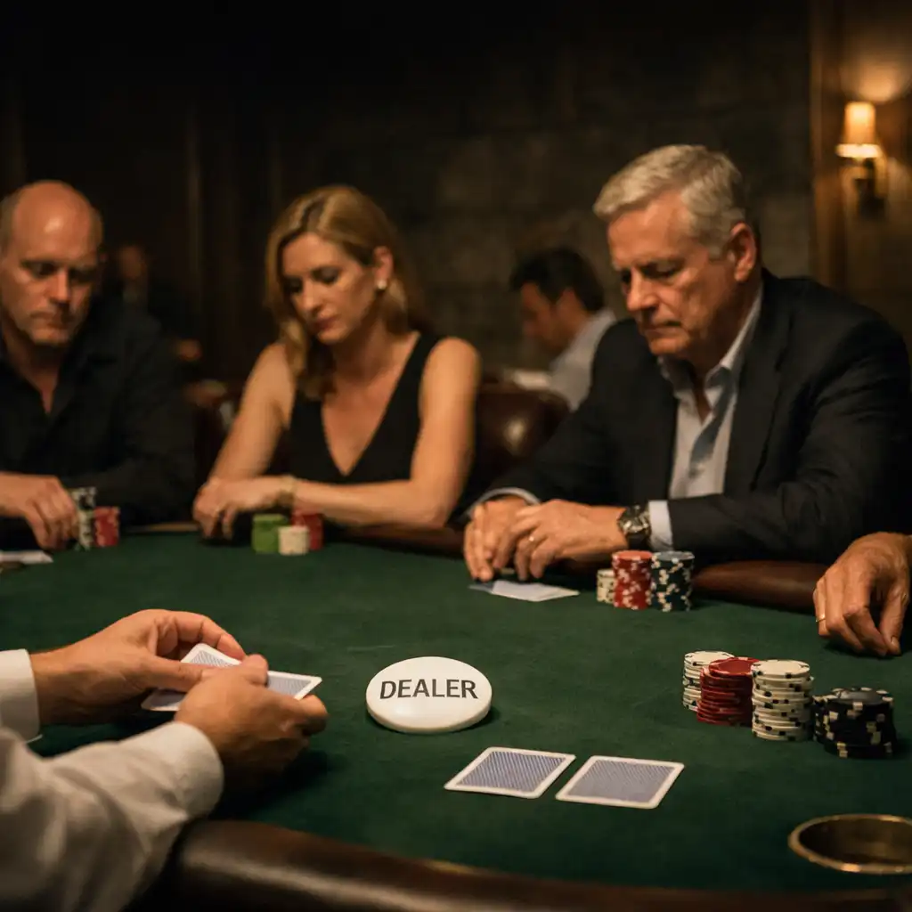 Players and dealer gathered around a deep green felt Texas Hold’em tournament table